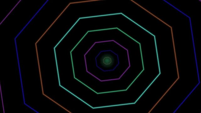 Concentric neon outlined geometric polygons create a glowing retro tunnel effect against a solid black background