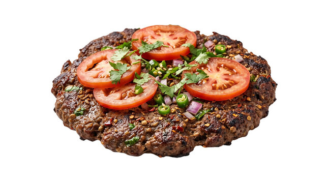 Traditional Chapli Kebab with fresh tomato slices, spicy minced meat patty isolated on white, authentic Pashtun style beef kebab for restaurant menu