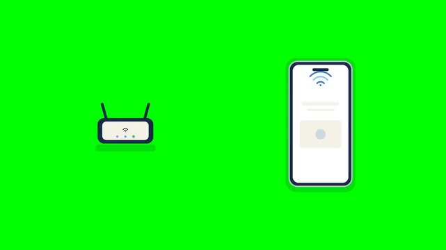 Premium 2D flat vector motion graphics of a Wi-Fi router transmitting signals to a smartphone, establishing connection with animated wave arcs, active status LEDs, and a success checkmark on solid gre