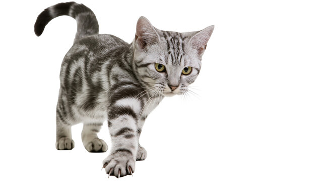 Isolated gray tabby kitten walking forward, cute domestic cat with striped fur, pet portrait.