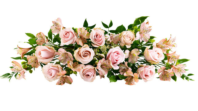Isolated elegant floral arrangement with soft pink roses and delicate alstroemeria flowers