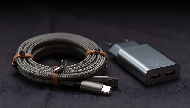 Close Up of Coiled Charging Cables with Leather Ties on Dark Linen