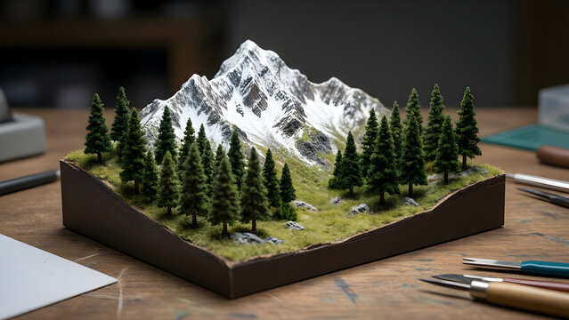 Miniature alpine ridge and pine forest model