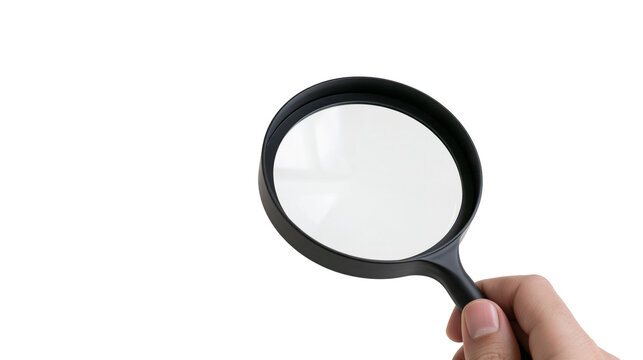 Isolated hand holding a magnifying glass for detailed search, analysis, and investigation