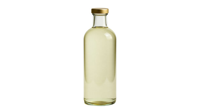 Isolated elegant clear glass bottle with gold cap filled with pale yellow liquid, product shot.