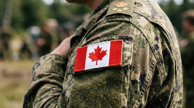 Canadian military personnel wearing a camouflage uniform with a national flag patch