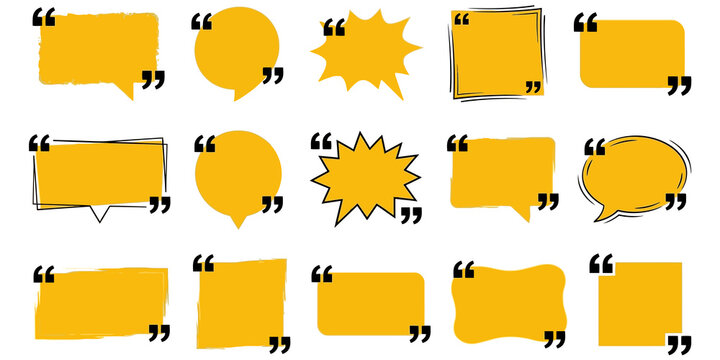 Set of fifteen yellow quote bubble frames with various shapes for creative messaging and testimonial text display.