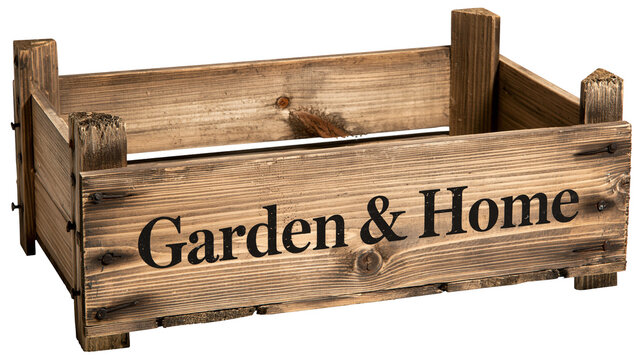 Isolated distressed wooden crate for garden and home, empty vintage storage box container