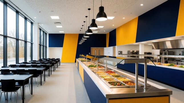Modern cafeteria interior with bright yellow, blue walls. Spacious dining area features black tables, chairs, large windows. Long buffet line with stainless steel trays holds fresh salad, healthy