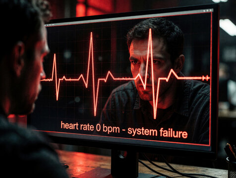 Stressed man looks at computer monitor displaying red flatline heart rate graph. Screen shows system failure message, 0 bpm text. Reflection of worried worker face on black display indicates burnout,