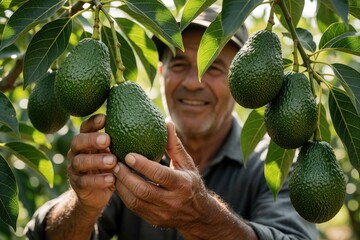 Fototapeta premium Smiling male farmer harvests ripe green avocados from tree in organic orchard. Close up of worker hands picking fresh fruit for agriculture market. Healthy tropical produce grows on plantation branch