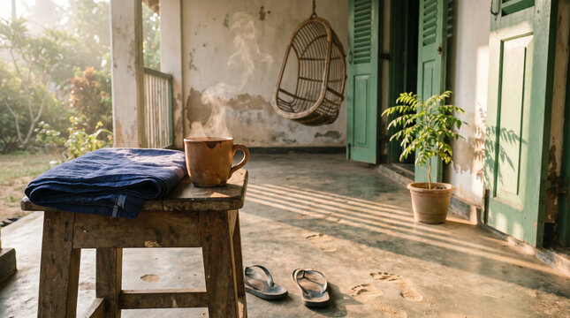 Cozy Morning Tea on a Rustic Home Veranda