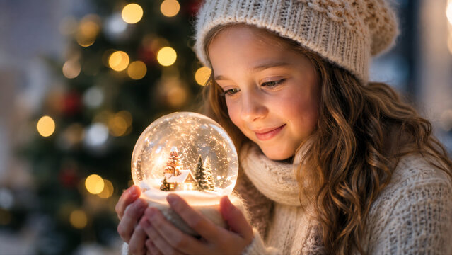 Young girl holding a glowing snow globe in cozy knitted winter clothing beside a Christmas tree, childhood wonder and festive holiday magic