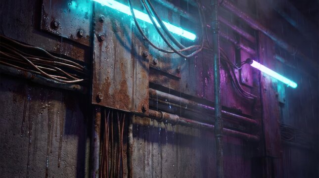 Dark industrial corridor with neon cyberpunk lights.