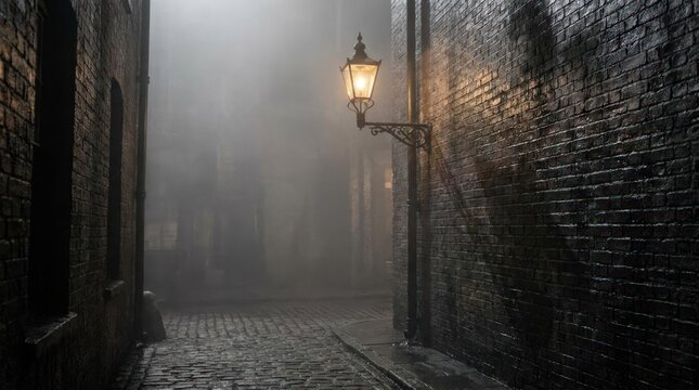 Dark misty alleyway at night with glowing streetlamp.