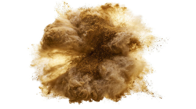 Isolated explosive brown powder burst scattering fine particles like dirt or sand in motion