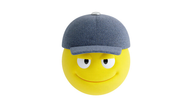 Isolated yellow emoji wearing a blue baseball cap, smiling with a confident and sly expression