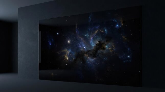 Dark room displaying colorful galaxy nebula wall art.