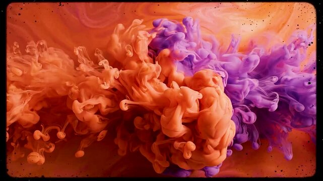 Orange and purple ink clouds swirling together in liquid