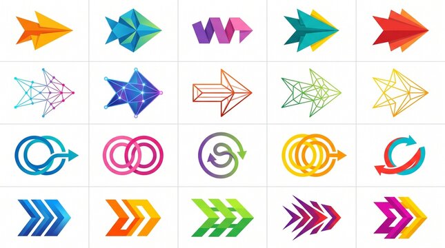 A vector grid of 20 geometric abstract arrow icons, featuring origami folds, low-poly wireframes, circular loops, and dynamic chevrons, isolated on pure white.   