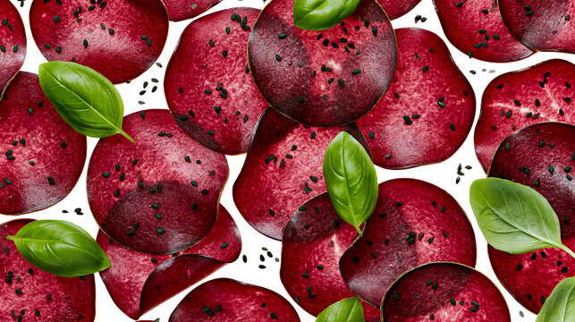 Isolated vibrant red beet slices with fresh green basil leaves and dark sesame seeds