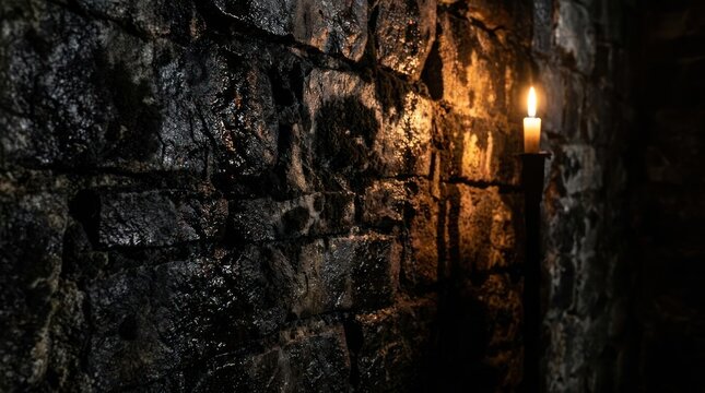 Dark stone dungeon wall with burning candle.