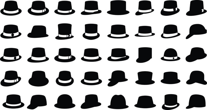 Men hat silhouette vector icon set featuring fedora bowler top hat cap and classic gentleman headwear   