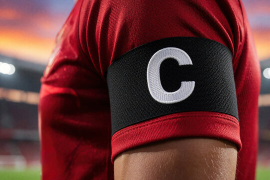 Close up of soccer captain armband on red jersey sleeve. White letter C on black band shows team leader. Pro football player wears uniform gear during match. Athlete takes role of commander on sports