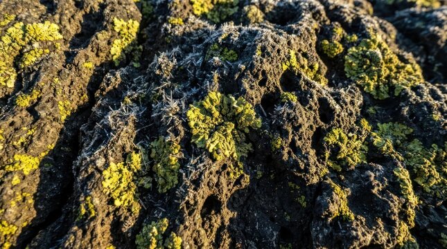Dark volcanic rock covered in bright green moss.