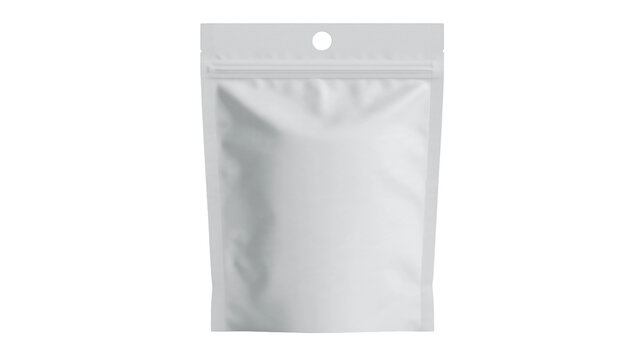 Isolated white matte plastic stand up pouch with zipper and hang hole packaging mock up