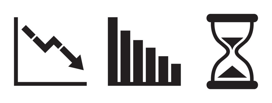 Declining graph and hourglass silhouettes set for business and finance
