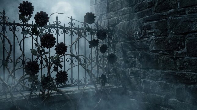 Dark wrought iron fence with metal roses in fog.