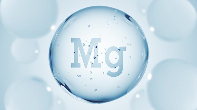 Blue sphere with magnesium Mg mineral among bubbles. Vitamin supplement, capsule and health care