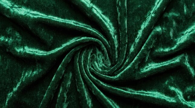 Deep green crushed velvet fabric draped in swirl.
