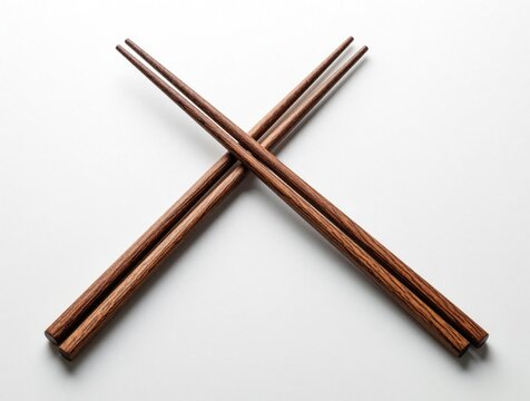 Two pairs of brown wooden chopsticks cross on white background. Minimalist closeup of bamboo dining utensils. Asian style tableware set for meal restaurant concept. Simple elegant objects with