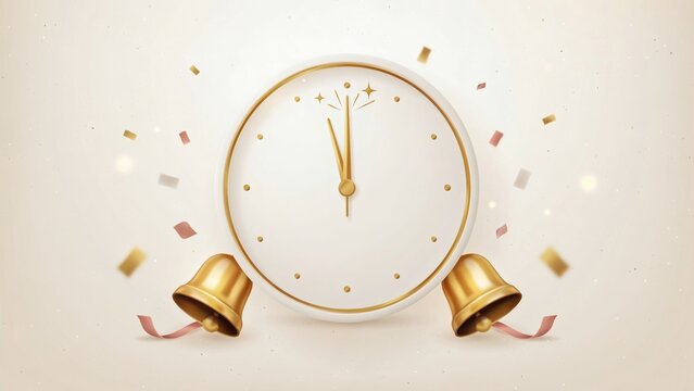 Minimalist golden clock countdown with festive bells celebrating new year eve holiday season concept with surrounded floating confetti soft textured background