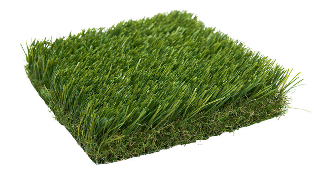 Isolated square patch of realistic artificial turf with green blades and brown thatch.