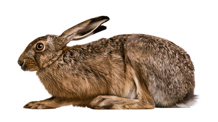 Isolated European hare resting, wild mammal with long ears, brown fur, profile view. © Ioana