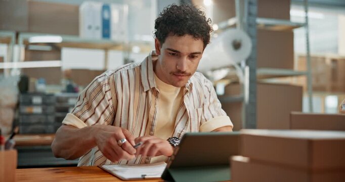 Tablet, man or clipboard in startup for shipping admin, verify delivery or dispatch coordination. Checklist, ecommerce owner or typing on tech for order processing, shipment info or stock procurement