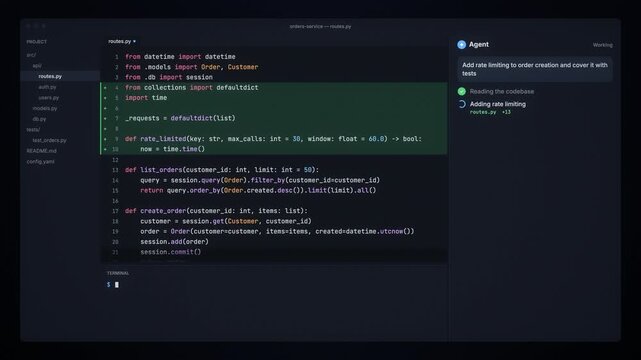 AI coding agent writes Python code in a dark IDE while terminal tests pass, seamless loop