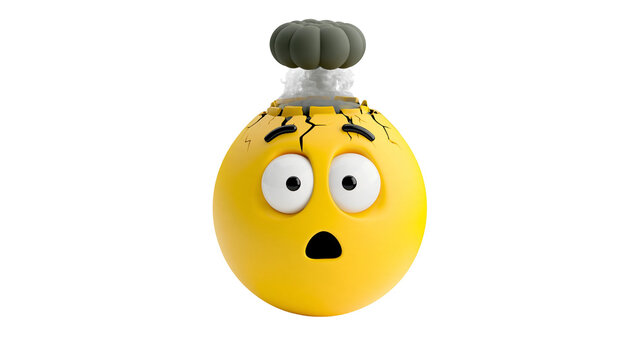 Isolated 3D render of an exploding head emoji with cracks and smoke, conveying stress or shock