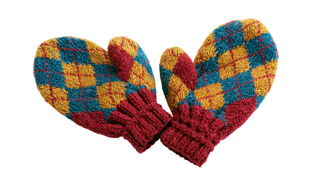 Isolated colorful knitted argyle pattern winter mittens on display, cozy woolen wear for cold weather