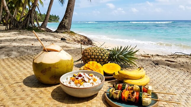 Fresh tropical fruit and coconut drink on a wooden table at a sunny sandy beach with palm trees. beachside coconut meal