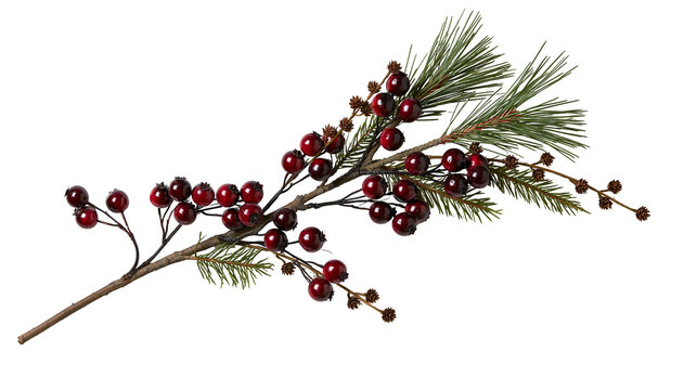 Isolated festive Christmas branch with red berries, green pine needles, winter decoration