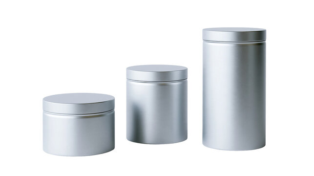 Isolated three different sized silver metal cylindrical containers with lids, sleek storage jars