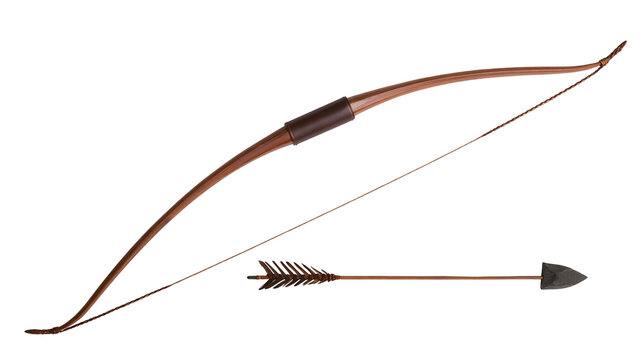 Isolated traditional wooden recurve bow and feathered arrow for target shooting or hunting