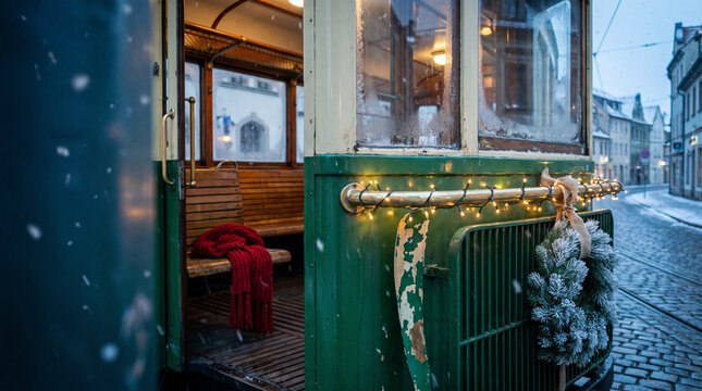 Vintage Tram in Snowy City With Christmas Lights