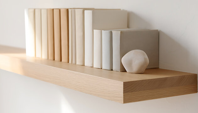 Close Up of Neutral Toned Books on Floating Oak Shelf