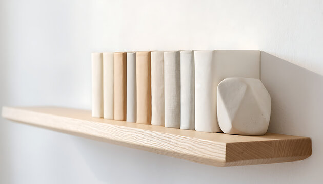 Close Up of Neutral Toned Books on Floating Oak Shelf