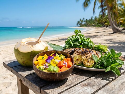 Fresh fruit salad in coconut bowl and green coconut drink on a wooden table at a tropical beach. beachside coconut meal